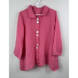 Fridaze Women 100% Linen Jacket Blouse‎ Top S Pink Button Front Lagenlook Artsy